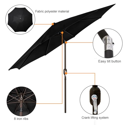 Blissun 9' Outdoor Patio Umbrella, Outdoor Table Umbrella, Yard Umbrella, Market Umbrella with 8 Sturdy Ribs, Push Button Tilt and Crank - color: Black