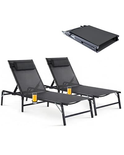2 Pack Foldable Chaise Lounge Chair with Cup Holder, Assemble-Free Outdoor Lounge Chair with Detachable Pillow and 6 Adjustable Backrest, Patio Lounge Chair for Outside Poolside Beach Pool, Black - color: Black, size: 2-Pack