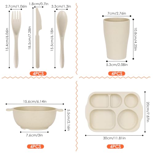 24 PCS Wheat Straw Dinnerware Set for Kids Divided Plates Bowls Cup Cutlery Sets, Reusable Tableware Set Microwave Dishwasher Safe for School Party, Camping, Home - color: Beige