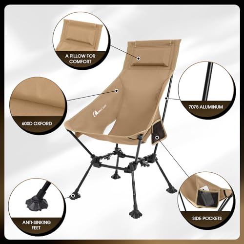 MOON LENCE High Back Folding Camping Chairs, Adjustable Height Beach Chair with Anti-Sinking Feet & Widened Seat (Khaki) - color: New Khaki With Feet 1 Pack