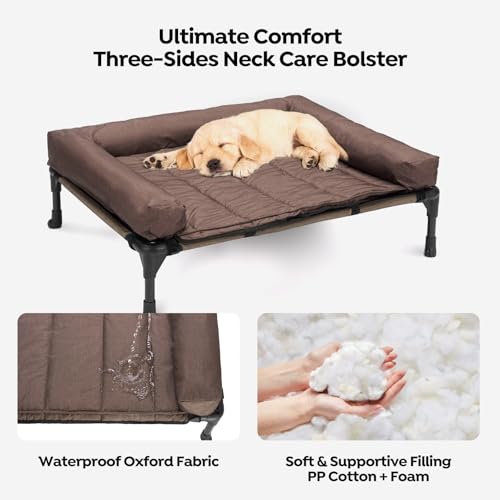 Veehoo Cooling Elevated Dog Bed Add Removable Waterproof Bolster Cushion Mat, Raised Pet Cot with Breathable Teslin Mesh, No-Slip Feet, Dog Sofa Bed for Indoor Outdoor, Medium, Brown CWC2331B - color: Brown, size: 32.0"L x 25.0"W x 7.0"Th