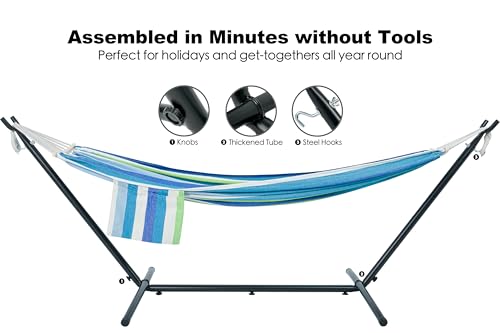 GAFETE Double Hammock with Stand for Outside, Upgraded Spreader Bar, Heavy Duty Space Saving Steel Stand 2 Person, Convenient Pockets, Easy Assembly, 600lbs Weight Capacity, Indoor & Outdoor (Lagoon) - color: Lagoon
