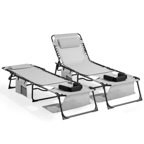 Unovivy Tanning Chairs with Face Hole Set of 2, Teslin Folding Outdoor Lounge Chair with 5-Position Reclining Back for Sunbathing, Pool, Patio, Camping - color: Grey