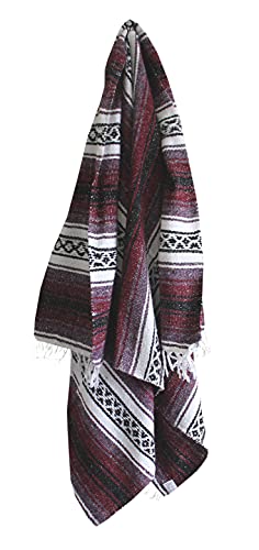 Del Mex Classic Mexican Blanket, Large Authentic Woven Falsa Throw (70"x50"), Artisan Southwest Décor for Beach, Yoga, Outdoors (Burgundy) - color: Burgundy