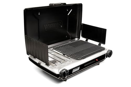 Coleman Tabletop 2-in-1 Grill & Stove with 2 Adjustable Burners, Propane Grill/Stove with Push-Button Starter, Wind Guards, Grease Tray, & 20,000 BTUs of Power for Camping, Tailgating, & More - color: Black, style: PFAS-Free