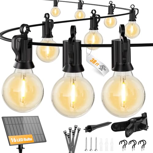 Brightown 38FT Solar String Lights Outdoor with USB Charging & 16 LED Shatterproof Bulbs, Solar Patio String Lights Outdoor for Cafe Garden Deck Outside Wedding - Last for 20Hrs+ - size: 38FT 16LED