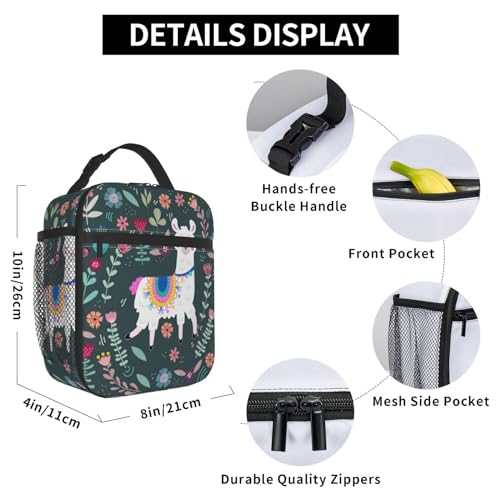 Cute Alpaca Llama Flower Floral Insulated Lunch Bag Portable Reusable Zipper Lunch Box For Men Women Work Picnic Travel Camping - color: Black27