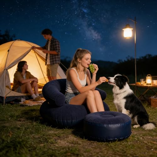 Inflatable Lounge Chair – Flocking PVC 73x73x52cm | Flocked Lounger Seat Lightweight Air Sofa | Portable Blow Up Chair for Outdoor Beach Pool Stadium Travel Living Room and Bedroom Use - color: Purplish Blue