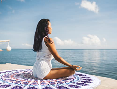 Benefeet Sox Beach Towel Large Round Mandala Pool Towels Tassels Microfiber Quick Dry Beach Blanket Throw Bohemian Roundie Swim Pool Circle Towel, 59 Inches - color: Multi Mandala, Purple Blue White