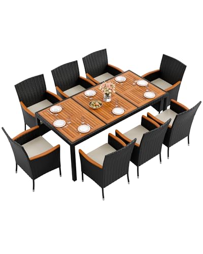 Flamaker 9 Piece Patio Dining Set Outdoor Acacia Wood Table and Chairs with Soft Cushions Wicker Patio Furniture for Deck, Backyard, Garden - color: Black, size: 9 Piece