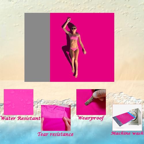 Outdoor Pocket Blanket Extra Large Beach Blanket Sandproof 82″x 78″for 4-6 Adults Compact Foldable Quick Drying Lightweight Picnic Blankets Waterproof with 4 Stakes & Bag (Pink+Grey) - color: Pink+grey