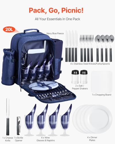 VEVOR Picnic Backpack, Beach Picnic Backpack Bag for 4 Person with Insulated Cooler Compartment, Detachable Bottle/Wine Holder, Lightweight Blanket, Plates and Cutlery Set for Outdoor, Navy Blue - size: single layer for 4 & blue