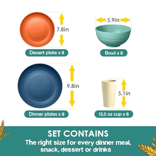 Teivio 32-Piece Kitchen Plastic Wheat Straw Dinnerware Set, Service for 8, Dinner Plates, Dessert Plate, Cereal Bowls, Cups for Everyday Dining, Unbreakable Plastic Outdoor Camping Dishes, Colorful - color: Colorful
