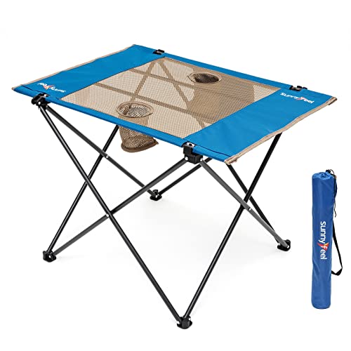 SUNNYFEEL Outdoor Folding Table | Lightweight Mesh Compact Camping Table, Roll Up Top 2 People Portable Camp Tables with Carry Bag for Picnic/Cooking/Beach/Travel/BBQ - color: Mesh-blue-1set