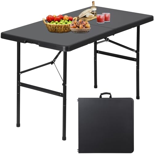 JupiterForce 4ft Folding Table, Indoor Outdoor Portable Plastic Picnic Table, Heavy Duty Rectangular Party Camping Dining Table with Carrying Handle, Black - color: Black, size: 4ft