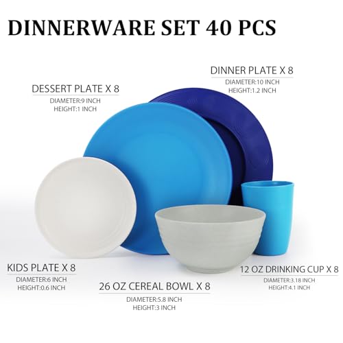 Dinnerware Set 40 PCS Wheat Straw Dishes Set - Service for 8 Unbreakable Plastic Dish Set Microwave Safe Plates and Bowls Sets Lightweight Cups Sets Outdoor Dishes - Island Colors - color: Island Series, size: 40 PCS