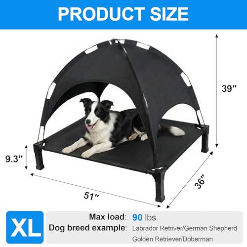 Elevated Dog Bed with Canopy Raised Pet Cot for Large Dogs, Outdoor Dog Cot with Removable Sun Shade Tent, Breathable Mesh Portable Dogs Cot for Camping, Beach, Backyard, Outdoor Use - color: Black, size: 51.0"L x 36"W x 39"H