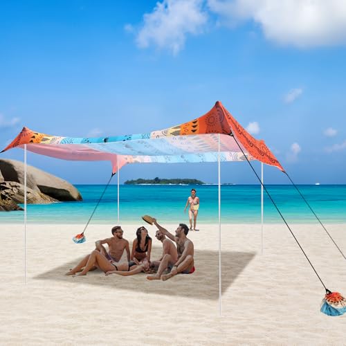 Beach Tent, Beach Canopy Sun Shade UPF 50+, Portable 10×10 FT Camping Sun Shelter with Sandbags, Poles, Ground Pegs and Anti-Wind Ropes for Outdoor, Backyard, Picnics, Sport, Fishing - color: Red Sea Waves