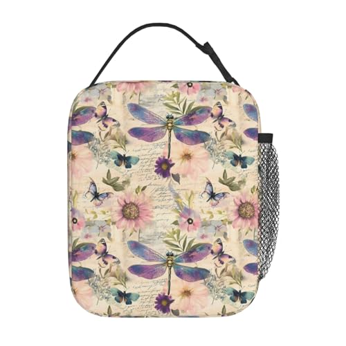 Reusable Dragonfly Retro Lunch Box for Kids Girls Boys Women Adult, Insulated Floral Butterfly Vintage Lunch Bag,Polyester Cooler Handbags Case for School Picnic Work Travel Beach or Hiking - color: Dragonfly