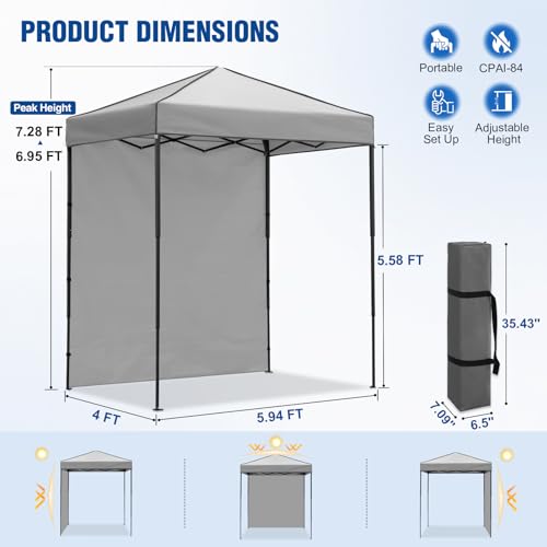 6x4 Pop Up Canopy Tent with One Wall Panel, Instant Portable Beach Canopy, Outdoor Tent with Carry Bag for Camping, Sports, Tailgating, Events, Gray - color: Gray, size: With One Wall