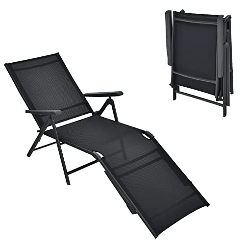 Tangkula Folding Lounge Chair Outdoor, Recliner Chaise Lounge with 5-Position Adjustable Backrest & 2-Position Footrest, No Assembly Required, Suitable for Patio Poolside Beach Yard (1, Black) - color: Black