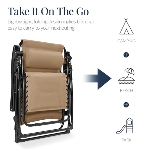 Best Choice Products Oversized Padded Zero Gravity Chair, Folding Outdoor Patio Recliner, XL Anti Gravity Lounger for Backyard w/Headrest, Cup Holder, Side Tray, Polyester Mesh - Beige - color: Beige