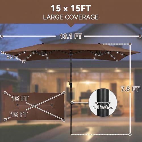 15×15ft Outdoor Patio Umbrella, Double Sided Market Rectangle Umbrella with Crank Handle, Large Sun Shade for Outside Deck, Backyard, Garden - color: Brown with LED lights