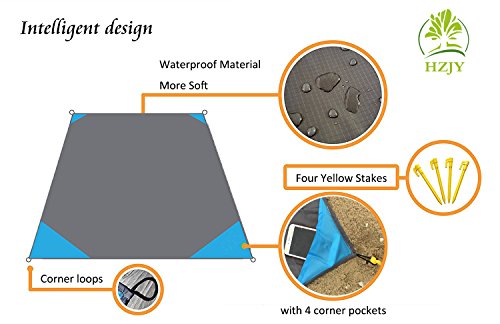 Pocket Blanket 71"x55", Lightweight Compact Sandproof Waterproof Outdoor Blanket for Beach, Hiking, Camping, Travel, Festivals, Picnic with Pockets, Loops, Stakes, Carabiner - color: Sky Blue