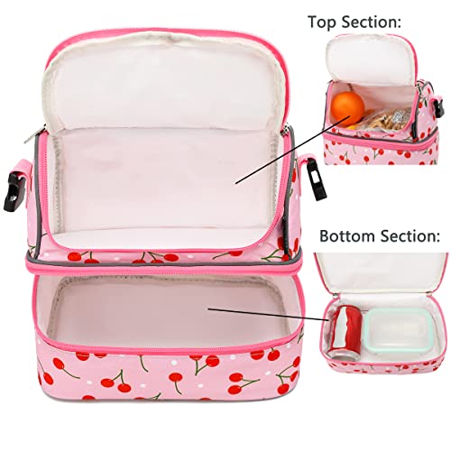FlowFly Kids Double Decker Cooler Insulated Lunch Bag Large Tote for Boys, Girls, Men, Women, With Adjustable Strap, Cherry - color: Cherry