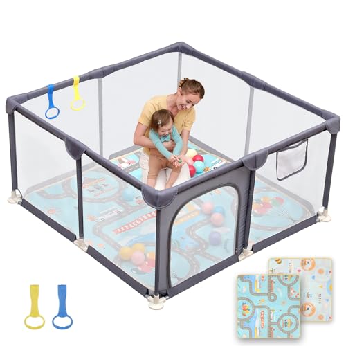 Dripex Baby Playpen with Mat, 47"x47" Play Pen for Toddlers 1-3 Years, Soft Breathable Visible Mesh, Indoor/Outdoor Portable Play Yard with Mat, Safe Baby Fence Play Area, Grey - color: Grey, size: 47"×47" with Mat