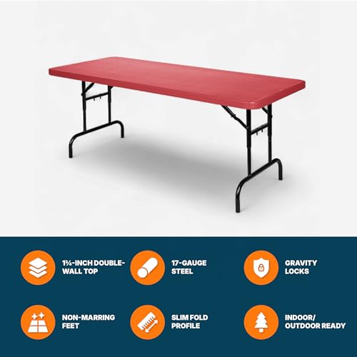 OEF Furnishings OEFBTA-3072-40 Adjustable-Height Commercial-Grade Premium Industrial Folding Table, 6-Foot Pedestal-Leg Design with 17-Gauge Steel Frame and Thick Double-Wall Top (72" × 30", Red Top) - color: Red