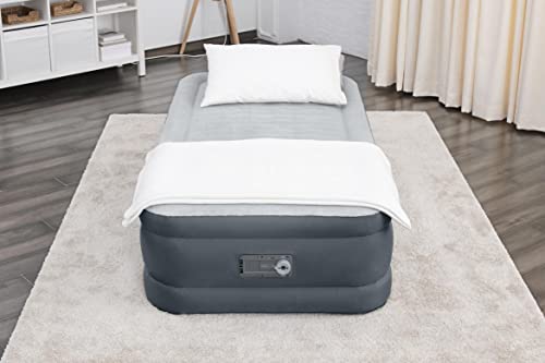 SleepLux Twin Air Mattress | Supersoft Snugable Top, Extra Durable Tough Guard with Built-in Pillow | Raised 18" Airbed with Built in Pump + USB Charger (69086E) , Grey - style: Twin ToughGuard 18"