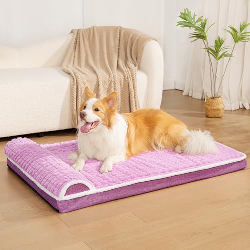 Orthopedic XL Dog Bed Large Sized Dog with Pillow 42''X28'', Waterproof Soft Comfortable Egg Crate Foam Pet Crate Beds Mat with Removable Washable Cover and Non-Slip Bottom, Lilac - color: Lilac, size: 42"l X 28"w X 3.5"th
