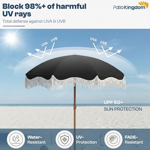 7ft Patio Umbrella with Fringe, Boho Beach Umbrellas, Outdoor Tassels Umbrellas with Push Button Tilt & Carrying Bag, 8 Windproof Fiberglass Ribs, UPF50+ - color: Black