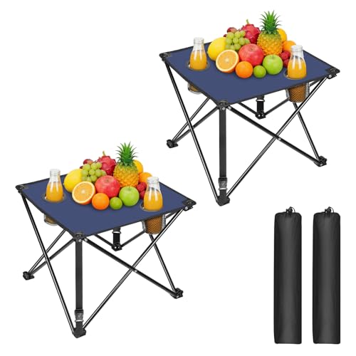 2 Pack Portable Camping Table, Ultralight Picnic Table Foldable with 2 Cup Holders and Carrying Bag for Outdoor Camping Picnic BBQ Beach Party Patio Fishing, Steel Frame, High-Grade 600D Oxford Fabric - color: Navyblue, size: 2 Pack