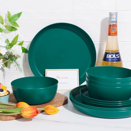 EI 12pcs Dark Green Wheat Straw Plates,Plate and Bowls Sets,Wheat Straw Dinnerware Set,Unbreakabl Plastic Plates Reusable,eMelamine Dinnerware Sets - color: Dark GreenWheat Straw Plates and Bowls