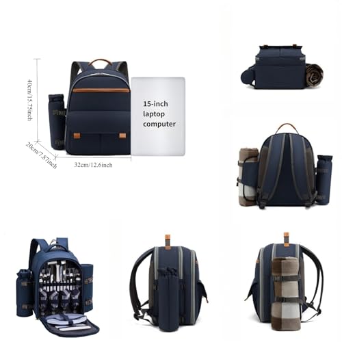 Picnic Backpack for 4 with Plates and Cutlery, Insulated Cooler Bag with Blanket & Wine Holder, All-in-One Outdoor Dining Set for Camping, Beach, Tailgating - 25L (Blue) - color: Blue