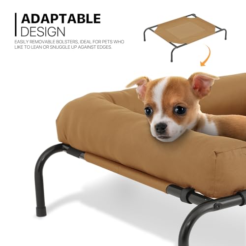 MoNiBloom Outdoor Elevated Dog Bed w/Removable Bolster, Portable Raised Outdoor Dog Bed with Stable Anti-Slip Feet & Breathable Mesh, 35.5 Inches Length, Light Brown - color: Light Brown, size: 35.5"L