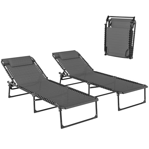 Outsunny Folding Chaise Lounge Chair Set of 2, Patio Sun Tanning Chair, Outdoor Chaise Lounger with 4-Position Reclining Back, Breathable Mesh Seat for Beach, Poolside, Gray - color: Grey, size: 2 Packs