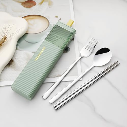 DEVICO Travel Utensils with Case, 18/8 Stainless Steel Reusable Silverware Set for Lunch Box, Portable Cutlery Set, Fork and Spoon Set for Camping, Lunch, Picnic, Workplace, School (Green) - color: Green