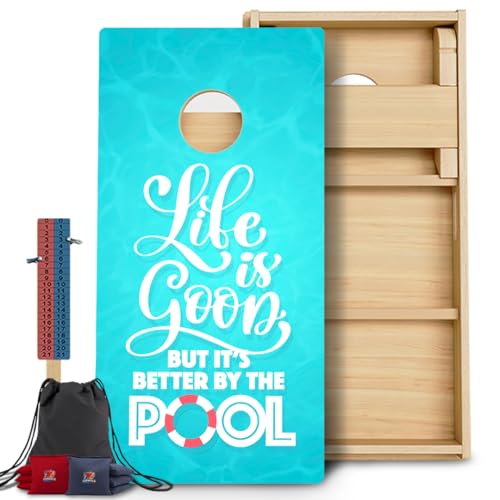 CornholeGamesUSA Pro Cornhole Boards Set | Made in USA | 3/4 Baltic Birch | No Bounce | Triple Thick Legs | Two Brace & Handles, Tournament 2x4 Regulation Set with Score Tower & Cornhole Bags - color: Life Btr By Pool