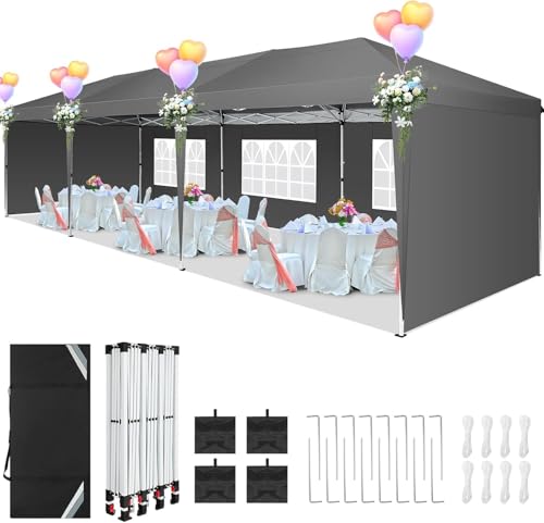 COBIZI 10x30 Pop Up Canopy Tent with 5 Sidewalls Party Tents for Parties Wedding Backyard Waterproof Outdoor Commercial Canopy Event with Sandbags, Gray - color: Gray, size: 10x30FT with 5 sidewalls