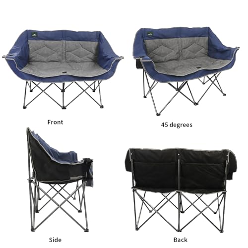 Northroad Folding Loveseat Camping Chair Portable Double Duo Full Padded Garden Chair for 2 Person Sofa w/ 2 Cup Holder,Wine Glass Holder,Mesh Storage,Support 500lbs for Picnic Beach Travel(Blue) - color: Blue&grey