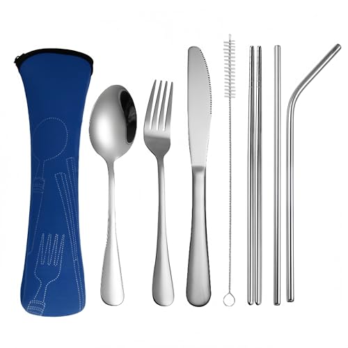 7pcs Travel Utensils with Case,Portable Silverware Set for Work, Stainless Steel Reusable Travel Cutlery Set, Fork and Spoon Set for Camping, Picnic, Gadgets, Lunch Box for Men, Black - color: Silver