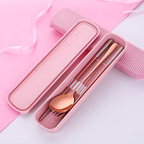 3 Piece Portable Flatware Set, Chopsticks, Fork and Spoon with Travel Case, Rose Gold - color: Rose Gold