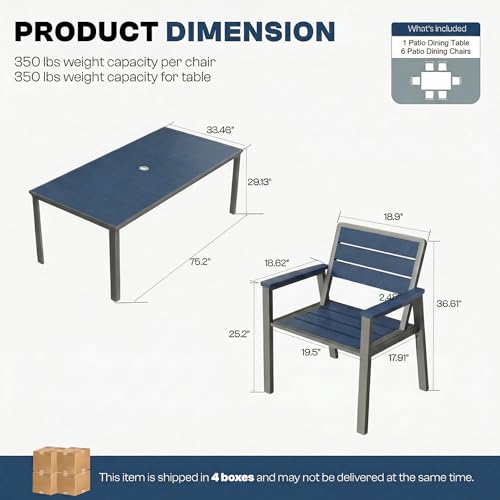 7 Piece Patio Dining Set for 6, Outdoor HDPE Table and Chairs with Umbrella Hole, All Weather Outdoor Furniture for Backyard, Deck, Lawn, Poolside, Blue - color: Blue