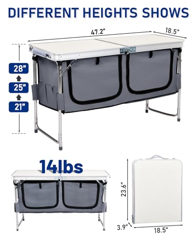 Outvita Folding Table, 4FT Aluminum Camping Table with Large Storage Space and Adjustable Height Picnic Table Lightweight for Carring Outdoor Party Events Beach - color: White, style: With gray storage bag
