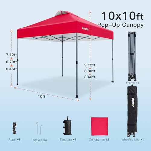 Amada 10x10 Pop Up Canopy Tent, 1-Button Push Easy-up Outdoor Canopy Beach Tent with 3-Height Adjustable Waterproof Shade Shelter, Wheeled STO-N-Go Bag 8 Stakes, 4 SandBags (Red) - color: Red, size: 10x10ft