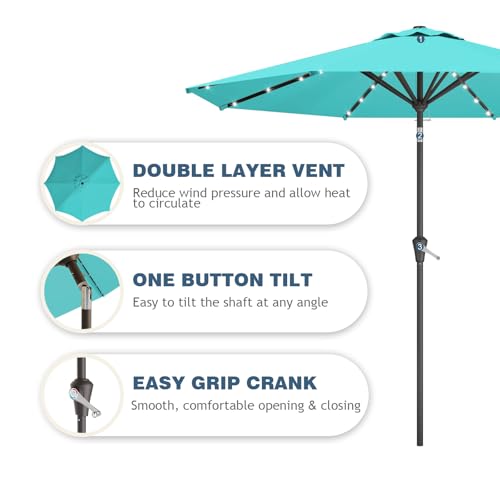 9FT Patio Umbrella with Solar Lights,Outdoor Market Umbrella with Tilt and Crank, LED Lighted Table Umbrella for Garden,Deck,Backyard,Pool,Beach (Peacock Blue) - color: Peacock Blue