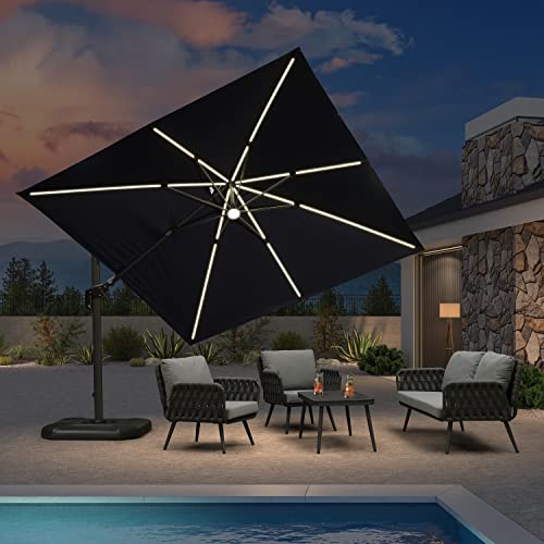 PURPLE LEAF 10 Feet Patio Umbrella Outdoor Cantilever Solar Powered LED Swivel Square Umbrella Aluminum Offset Umbrella with 360-degree Rotation for Garden Deck Pool Patio, Navy Blue - color: Navy Blue, size: 10' X 10', style: Left-right Tilt（LED）